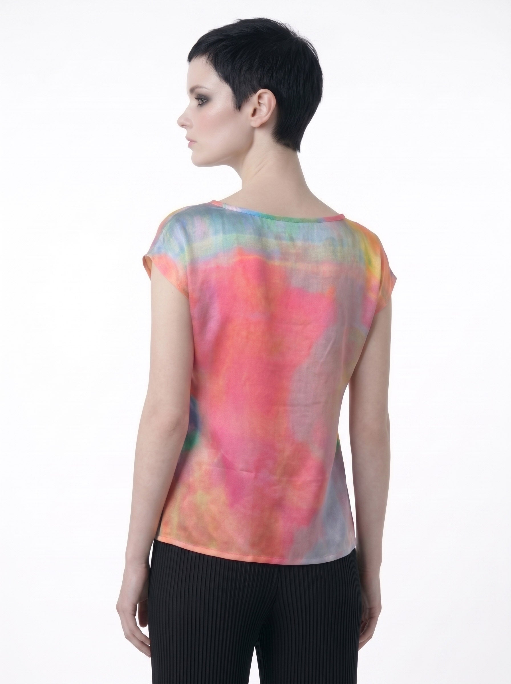 Women's Pink Blue Abstract Print Viscose Chiffon Top – Lightweight Artistic Cap Sleeve Blouse