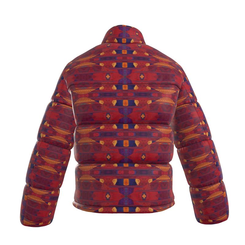 Men's Red Purple Geometric Textured Puffer Bomber Jacket
