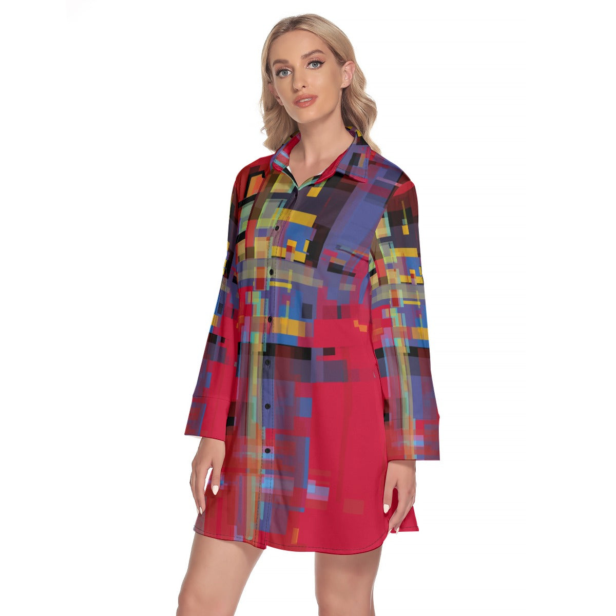 Women's Red Square Textured Shirt Dress - Custom-Designed Art Print Fashion