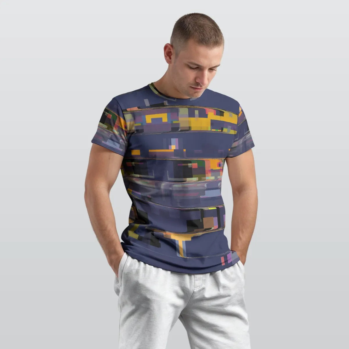 Men's Navy Blue Gold Pixelated Stripe Cotton T shirt