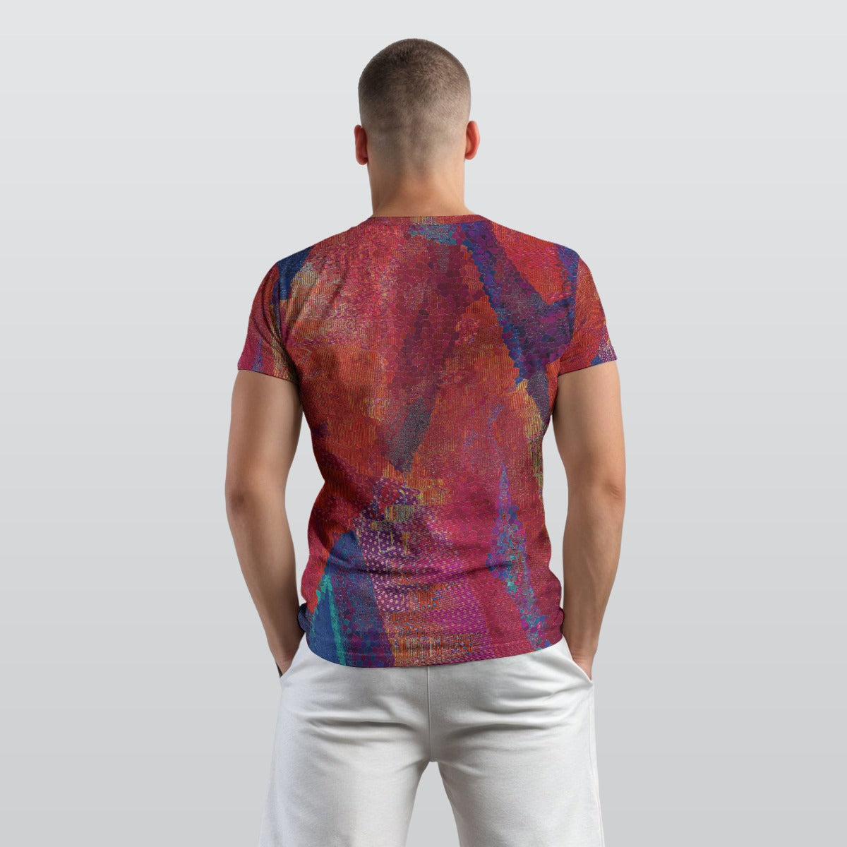 Men's Crimson Red Blue Abstract O Neck T-shirt