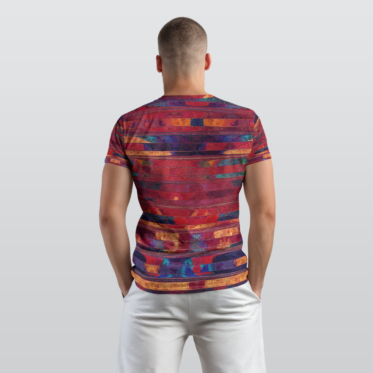 Men's Fiery Red Blue Stripe Texture O Neck T shirt