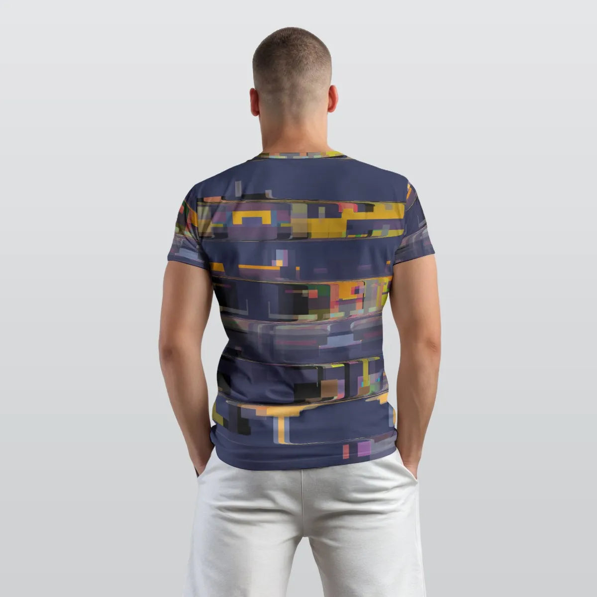 Men's Navy Blue Gold Pixelated Stripe O-Neck T shirt