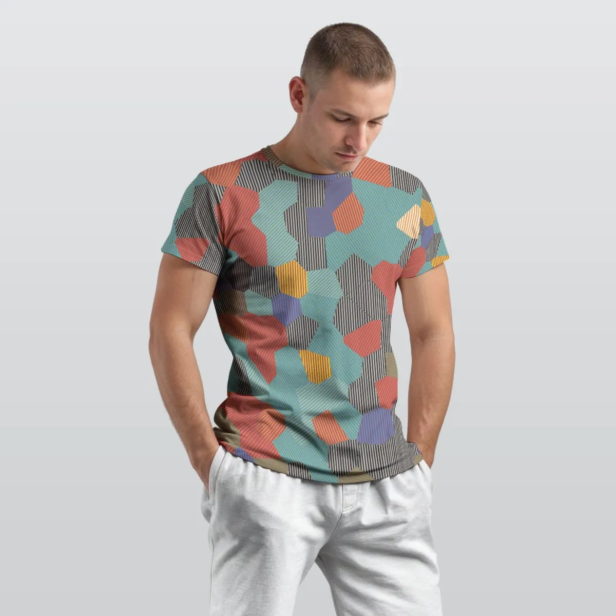 Men's Teal Coral Geometric Tessellation Cotton T shirt