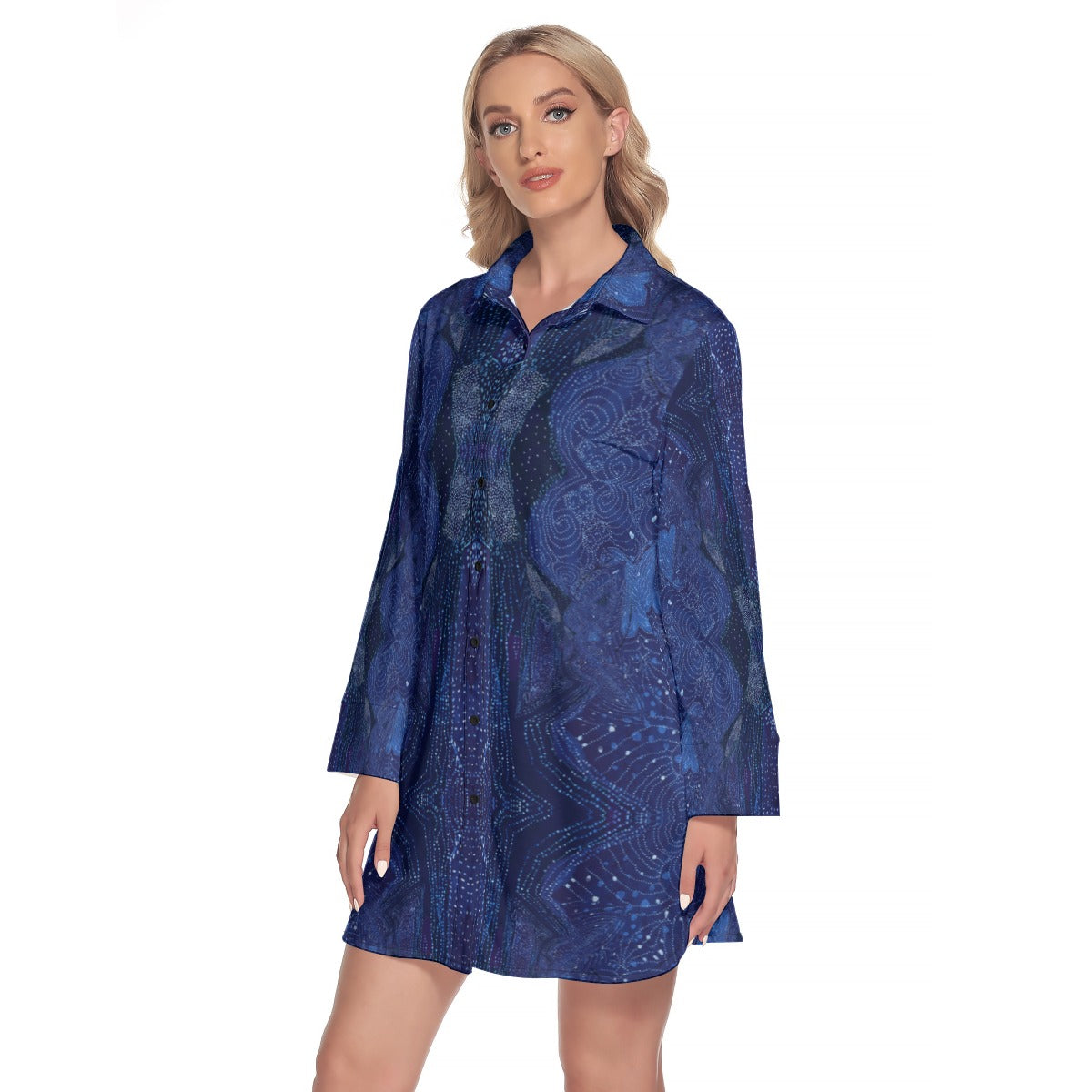 All-Over Print Women's Lapel Shirt Dress With Long Sleeve