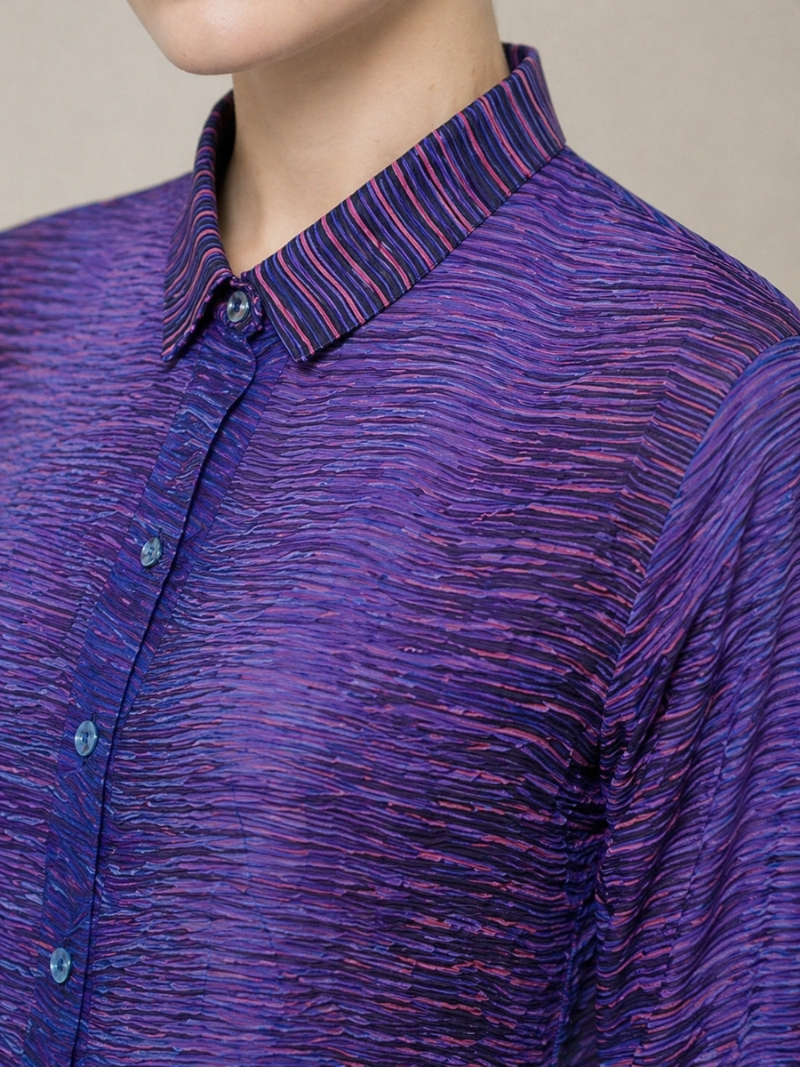 Women's Viscose Silk Art Shirt | Purplexity Abstract Print Button Up Blouse | Long Sleeve Statement Shirt