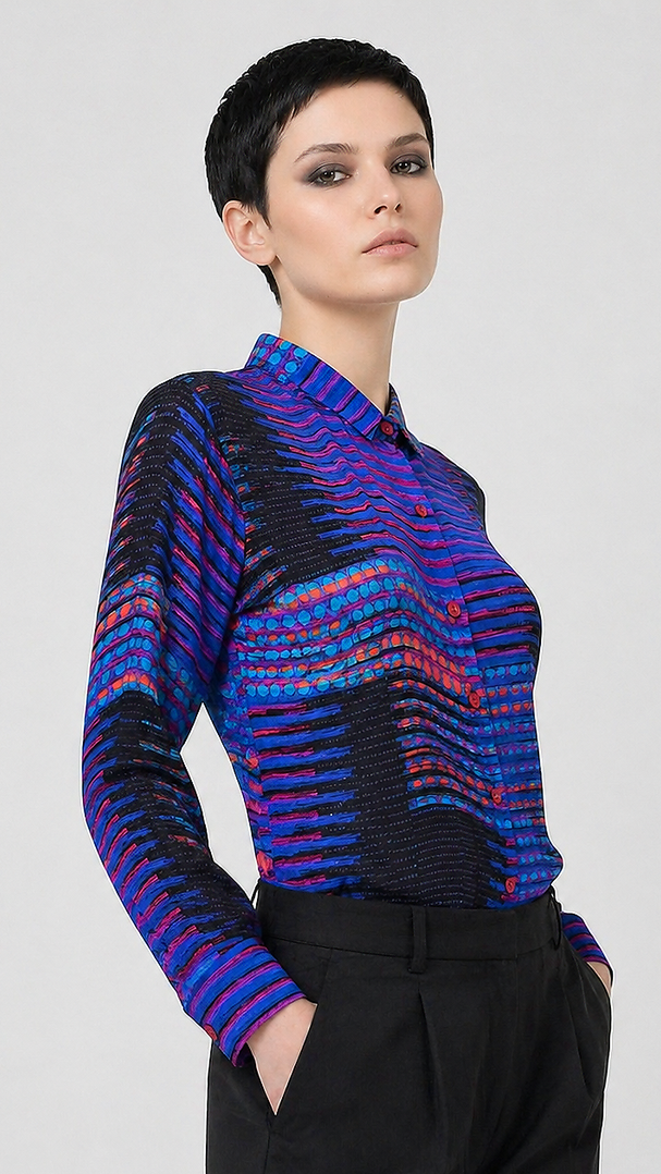 Women's Viscose Silk Art Shirt | Blue Signal Abstract Print Button Up Blouse | Long Sleeve Statement Shirt | Gift for Art Lover