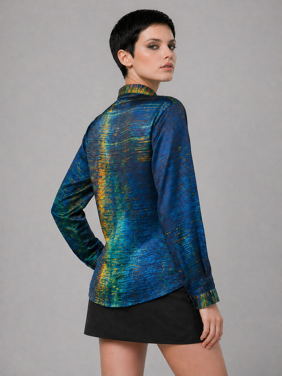 Women's Viscose Silk Art Shirt | Aquatica Abstract Print Button Up Blouse | Long Sleeve Statement Shirt | Gift for Art Lover