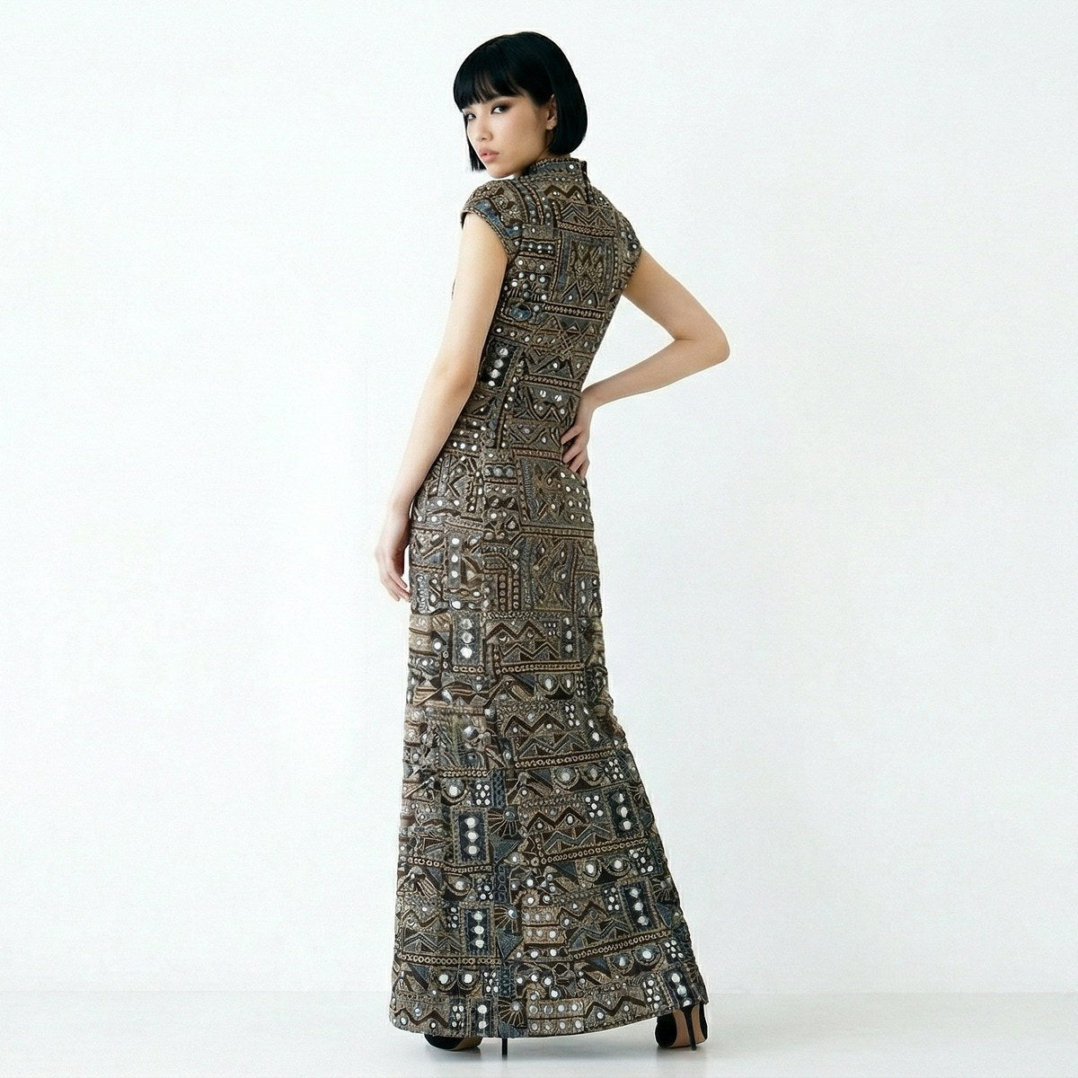 custom black and bronze column dress with embroidery and faux mirror work