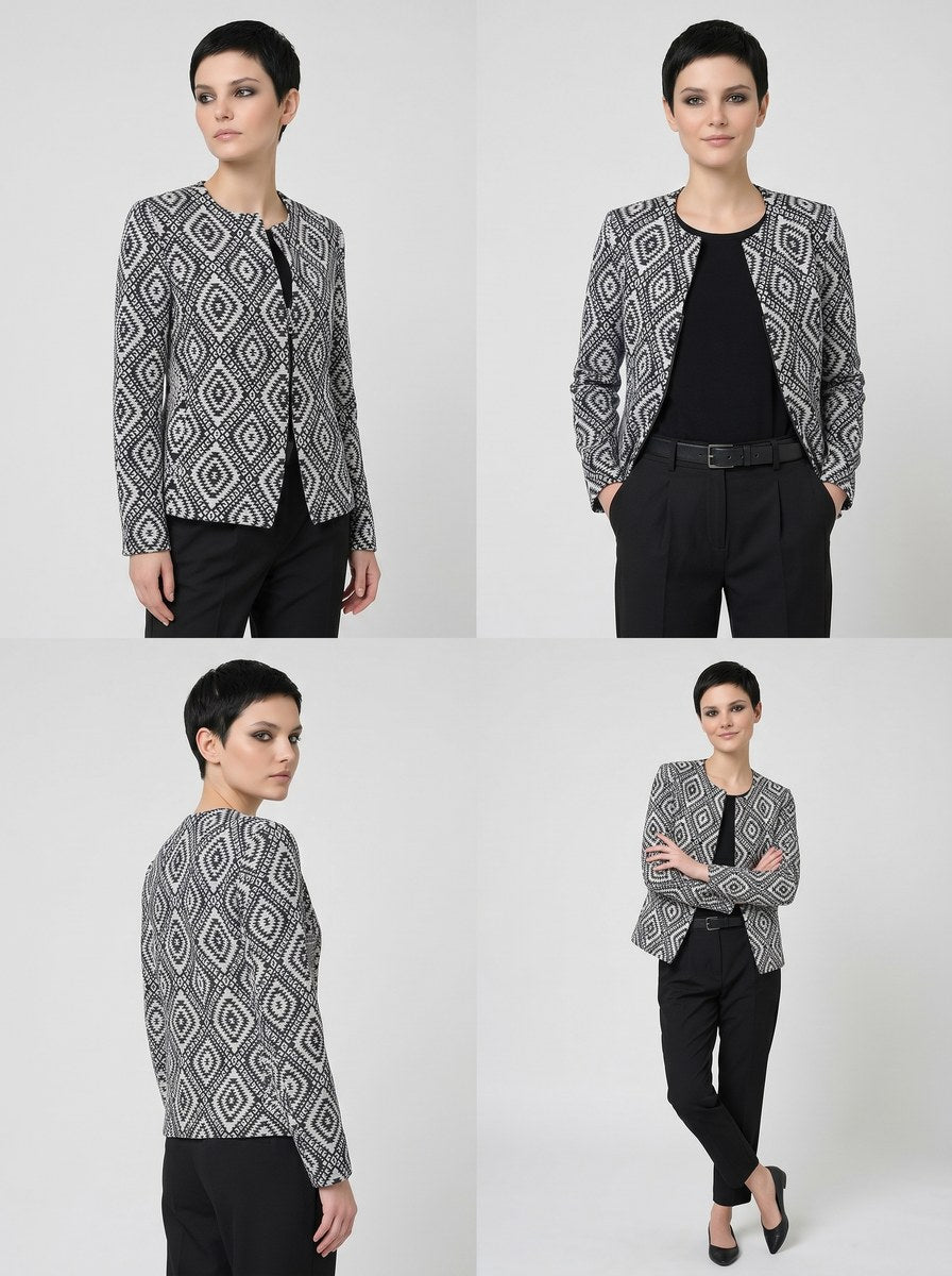 Diamond Weave Cotton Jacket Women | Textured Open Front Blazer | Neutral Casual Workwear Coat | Handloom Style Ethnic Blazer