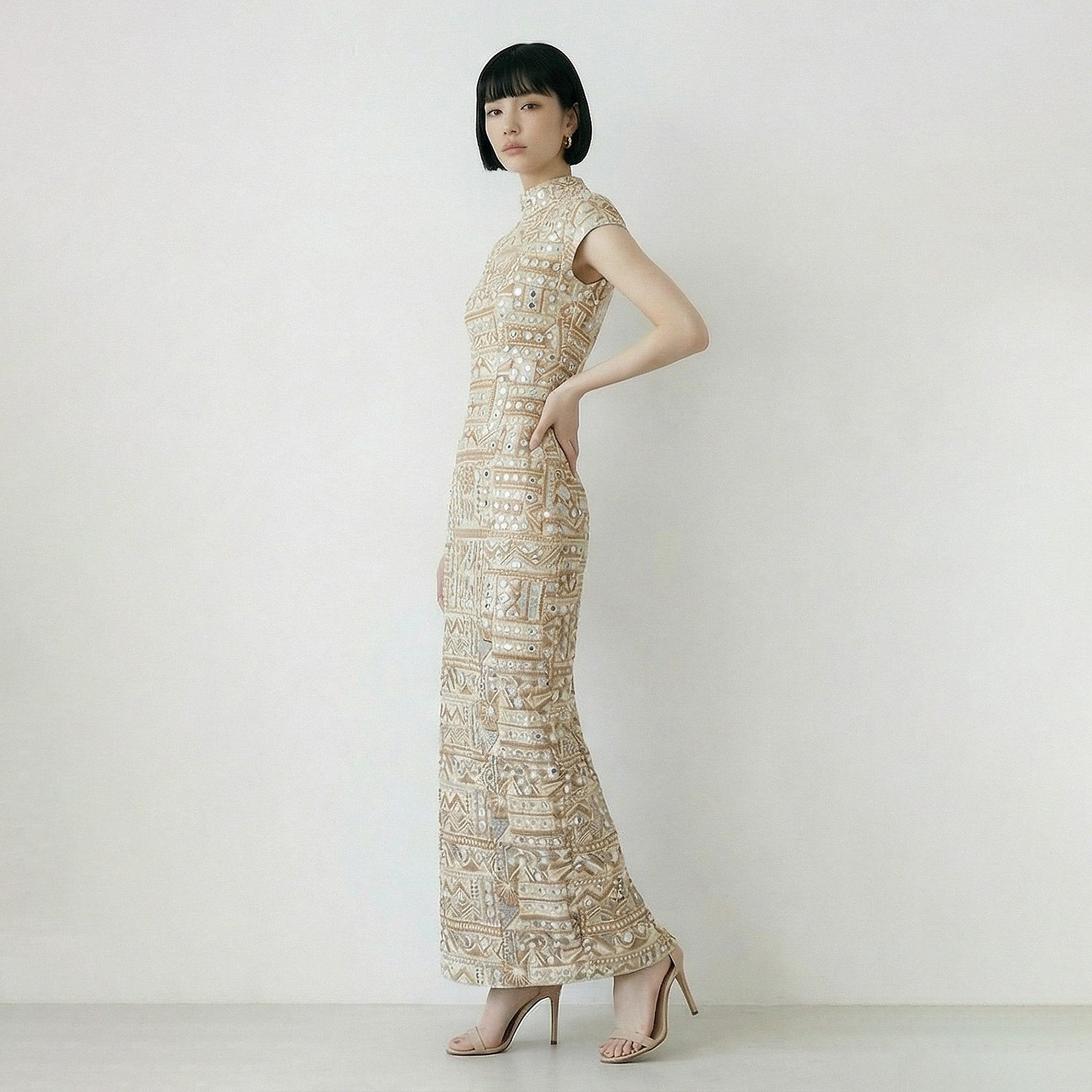 custom light Gold column dress with embroidery and faux mirror work