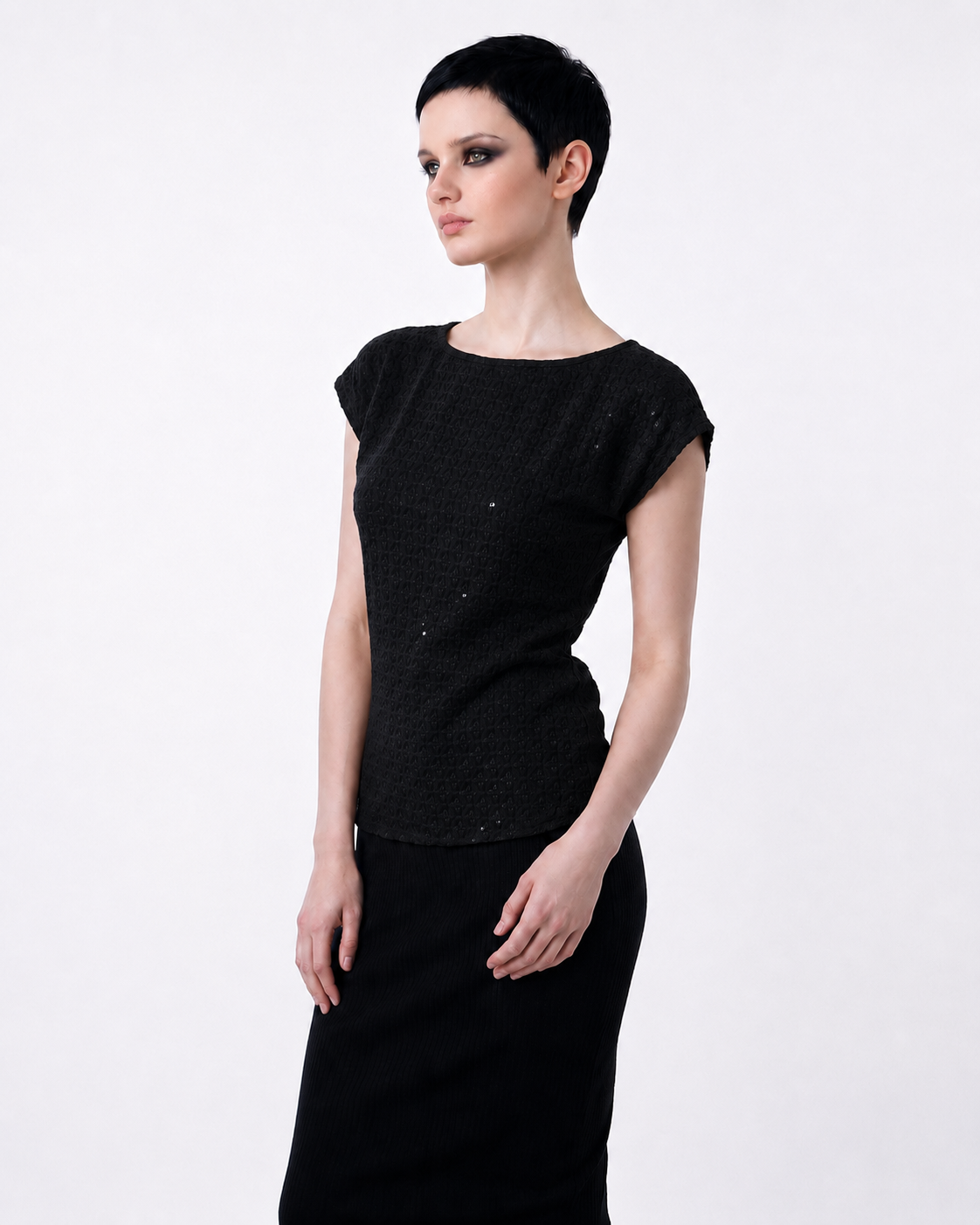 Black Schiffli Embroidered Rayon Top for Women | Sequin Cap Sleeve Blouse | Lightweight Summer Casual Top