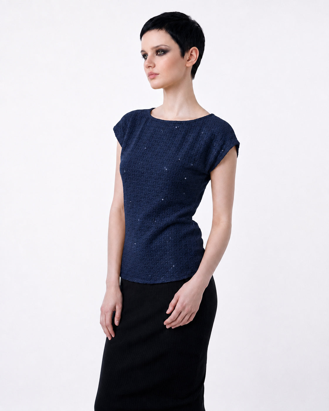 Blue Schiffli Embroidered Rayon Top for Women | Sequin Cap Sleeve Blouse | Lightweight Summer Casual Top