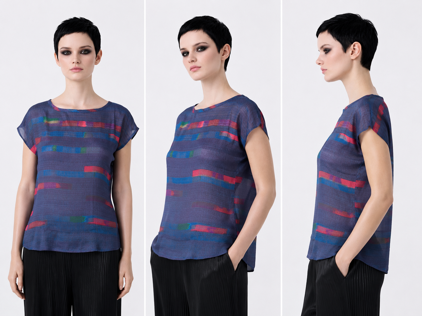 Women's Blue Abstract Print Viscose Chiffon Top – Lightweight Artistic Cap Sleeve Blouse