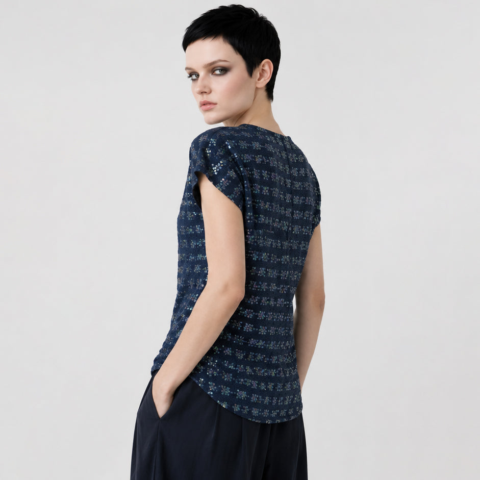 Women's Blue Viscose crepe Top with sequins and embroidery – Lightweight Artistic Cap Sleeve Blouse