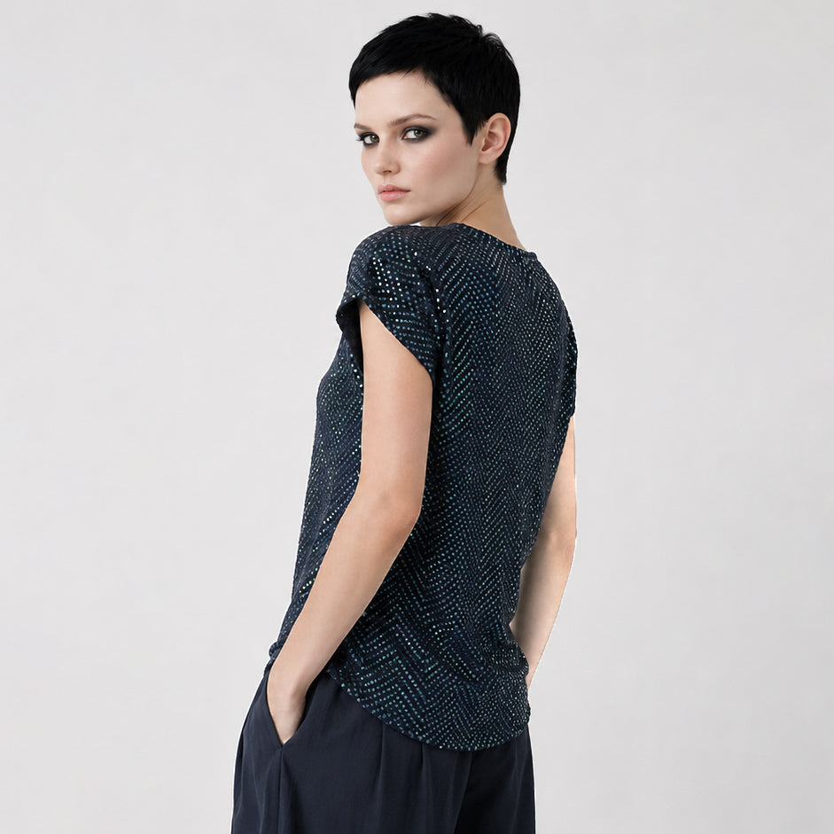 Women's Blue Viscose crepe Top with sequins and embroidery – Lightweight Artistic Cap Sleeve Blouse