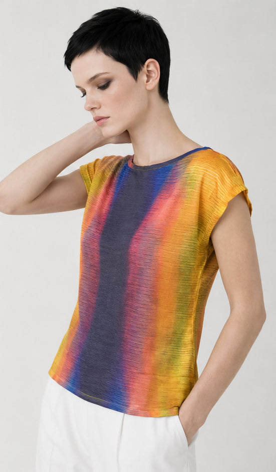 Women's Yellow Blue Abstract Print Viscose silk Top – Lightweight Artistic Cap Sleeve Blouse