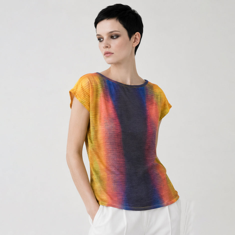 Women's Yellow Blue Abstract Print Viscose silk Top – Lightweight Artistic Cap Sleeve Blouse