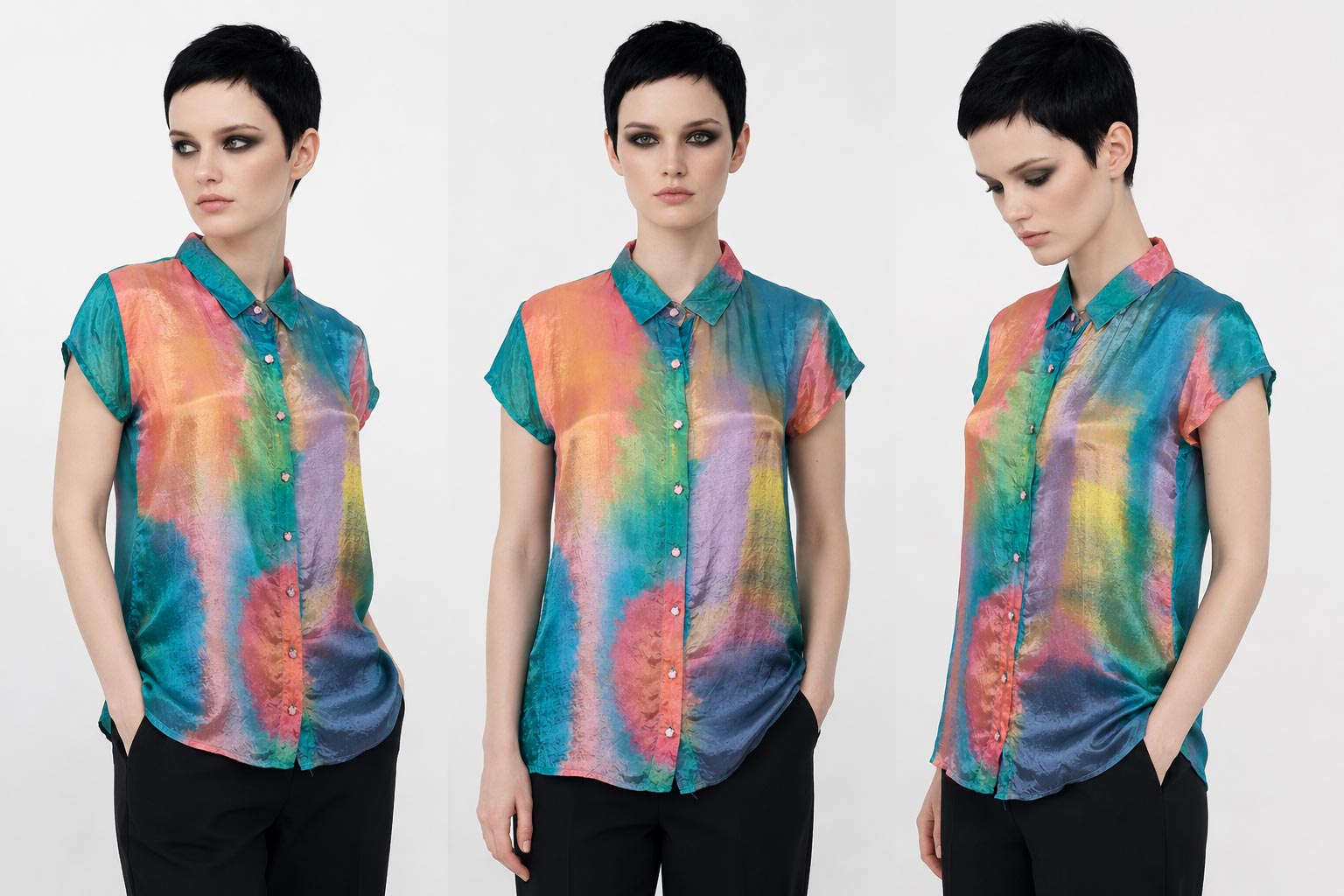 Women's Viscose Silk Art Shirt | Pastel Blue Abstract Print Button Up Blouse | Cap Sleeve Statement Shirt | Gift for Art Lover