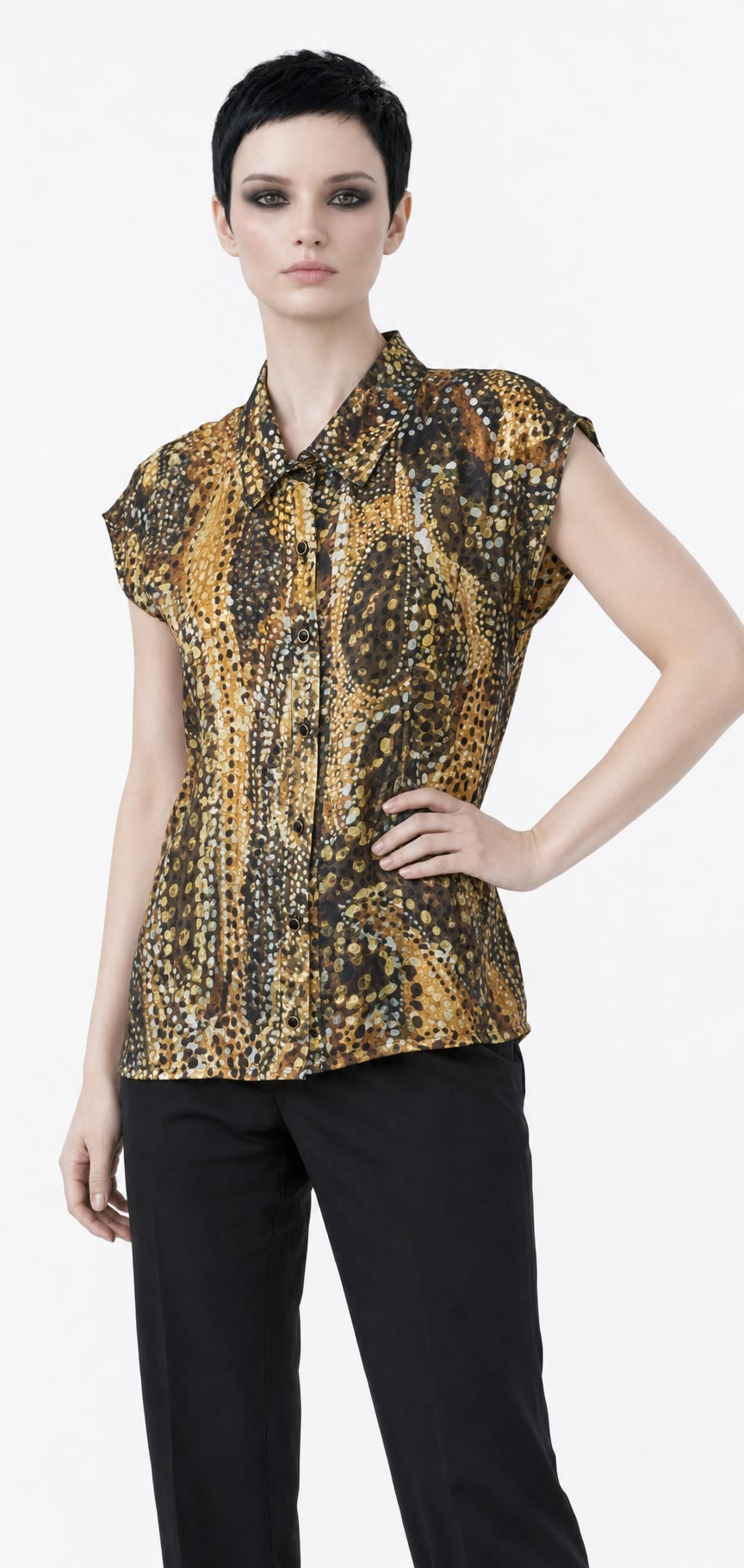 Camisa de Arte de Seda Viscosa para Mujer | Blusa con Botones y Estampado Abstracto Señal Azul | Camisa Llamativa de Manga Larga | Regalo para Amante del Arte