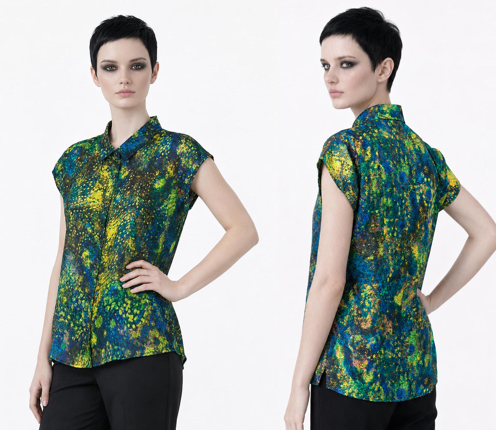 Camisa de Arte de Seda Viscosa para Mujer | Blusa con Botones y Estampado Abstracto Señal Azul | Camisa Llamativa de Manga Larga | Regalo para Amante del Arte