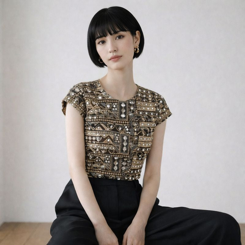 custom Black and bronze crop top with embroidery and faux mirror work