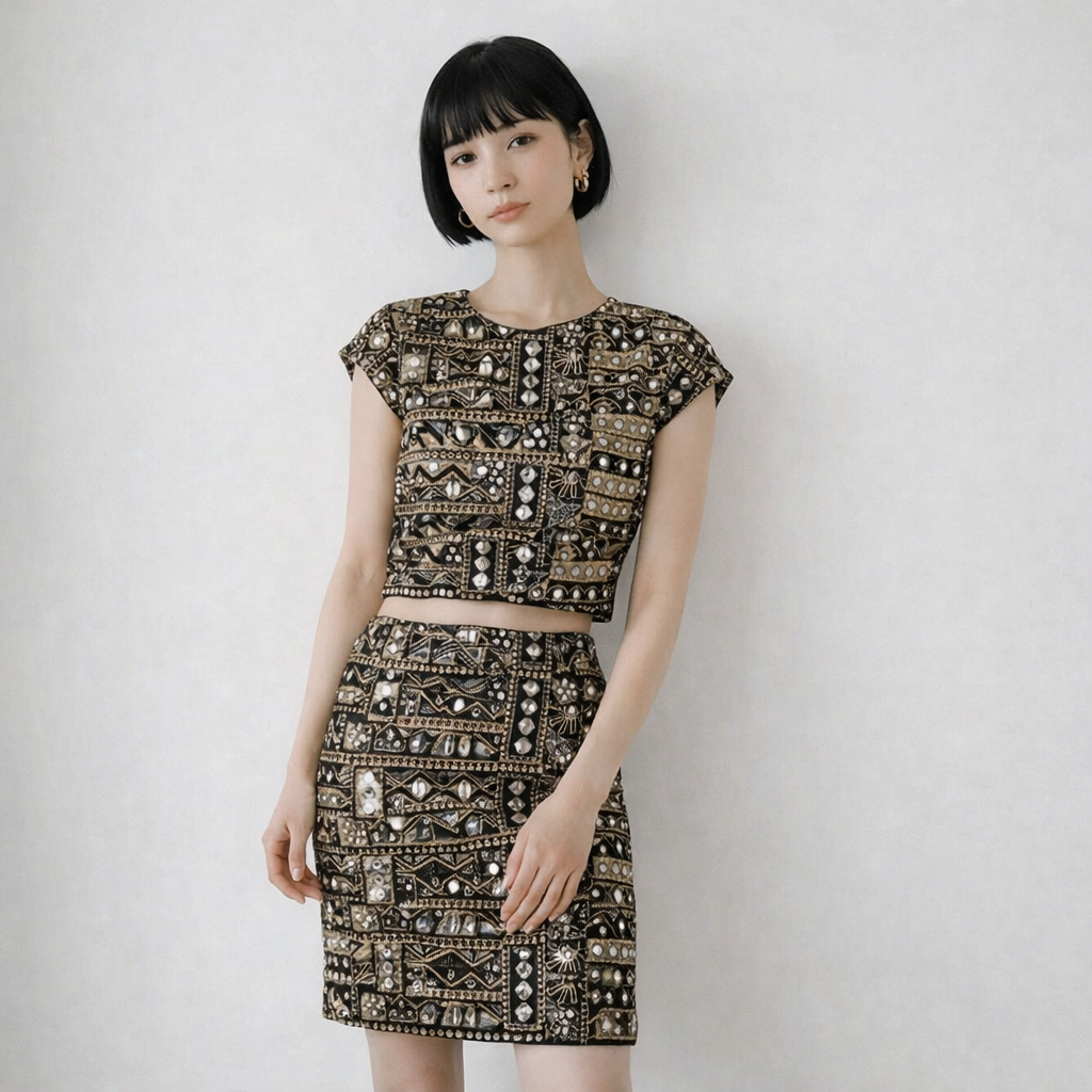 custom black croptop and skirt with embroidery and faux mirror work