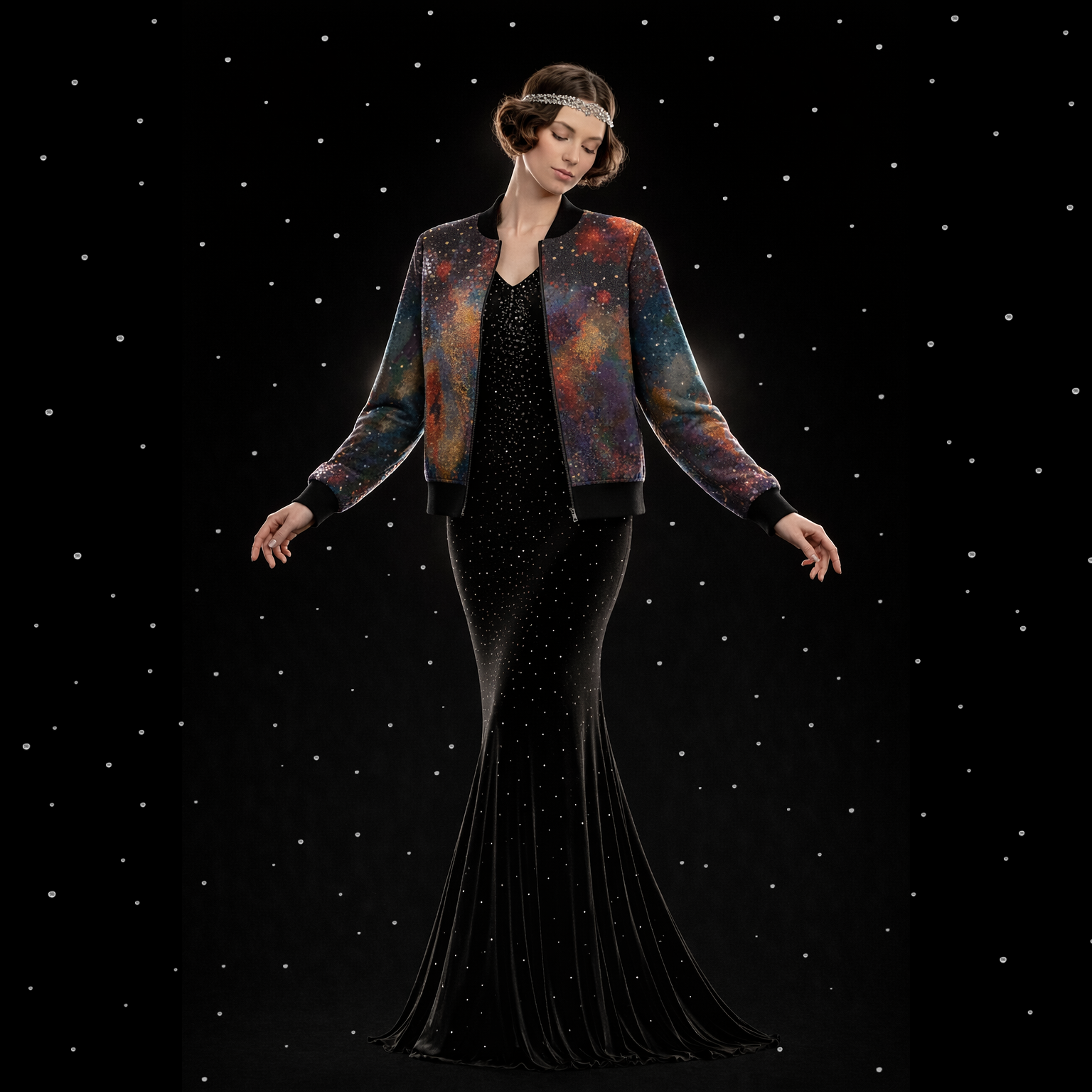 228. Women's Midnight Amber Celestial Mosaic Bomber Jacket