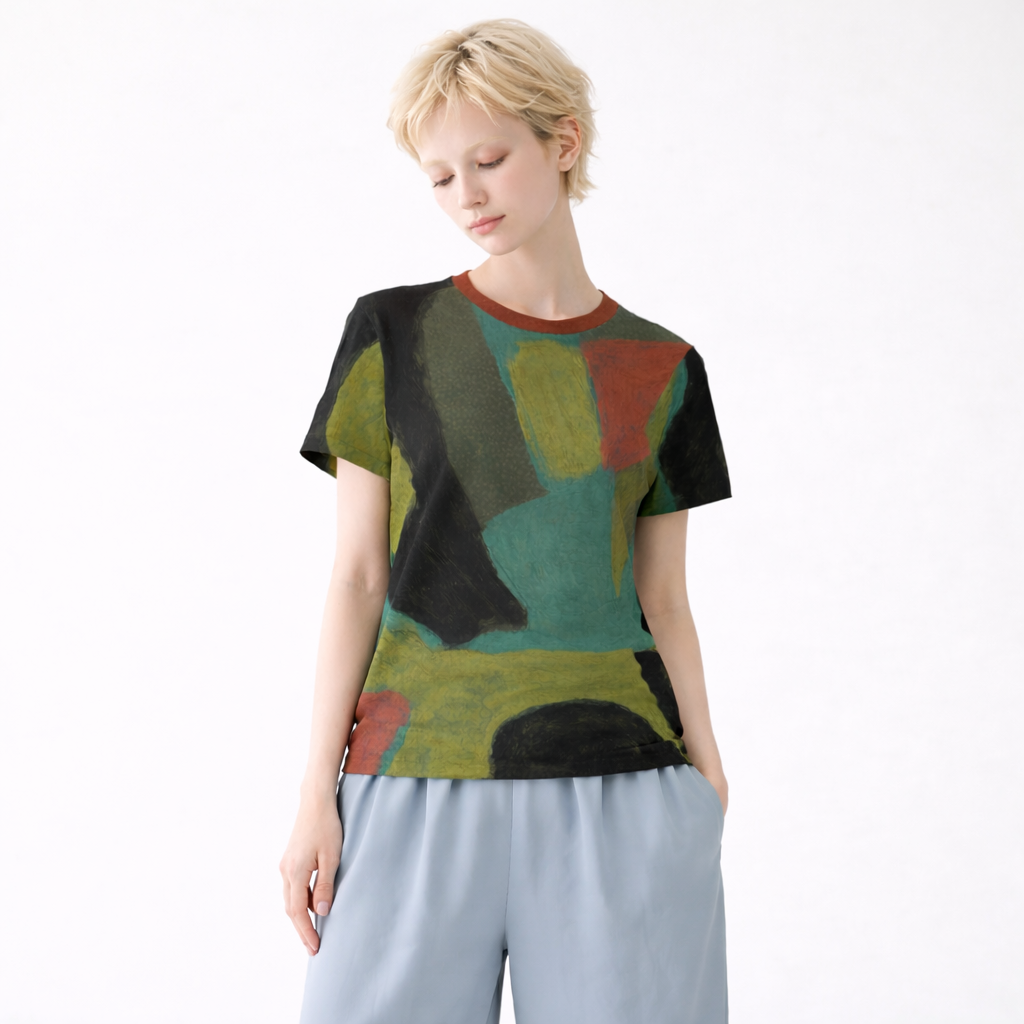 Women's Olive and Charcoal Abstract Geometric Cotton T-Shirt