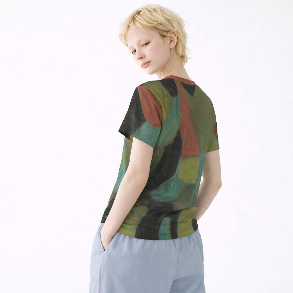 WOMEN'S FOREST TEAL ABSTRACT GEOMETRIC COTTON T-SHIRT