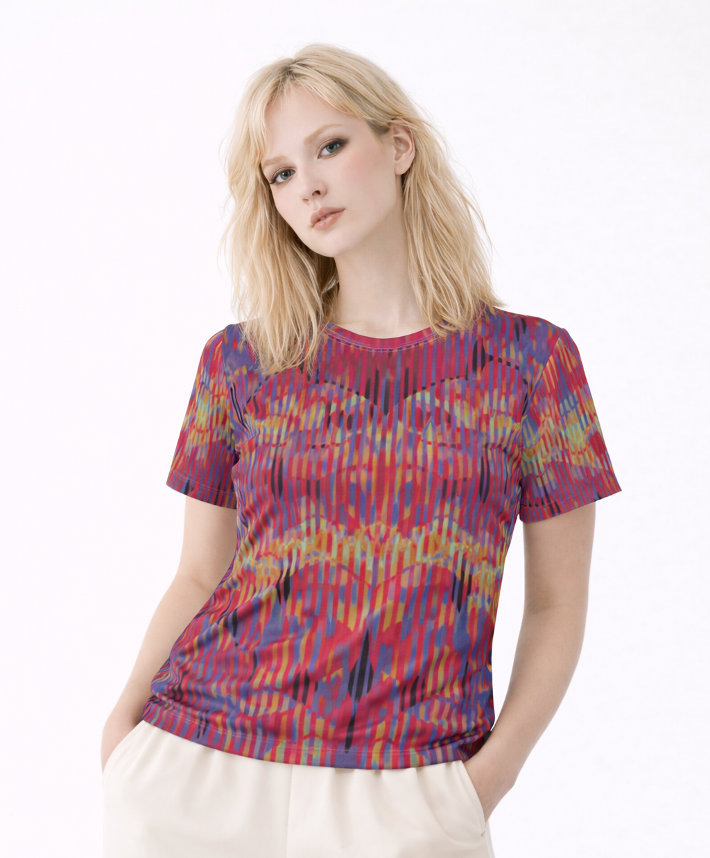 Women's Purple Red Geometric Glitch Pattern Cotton T-Shirt