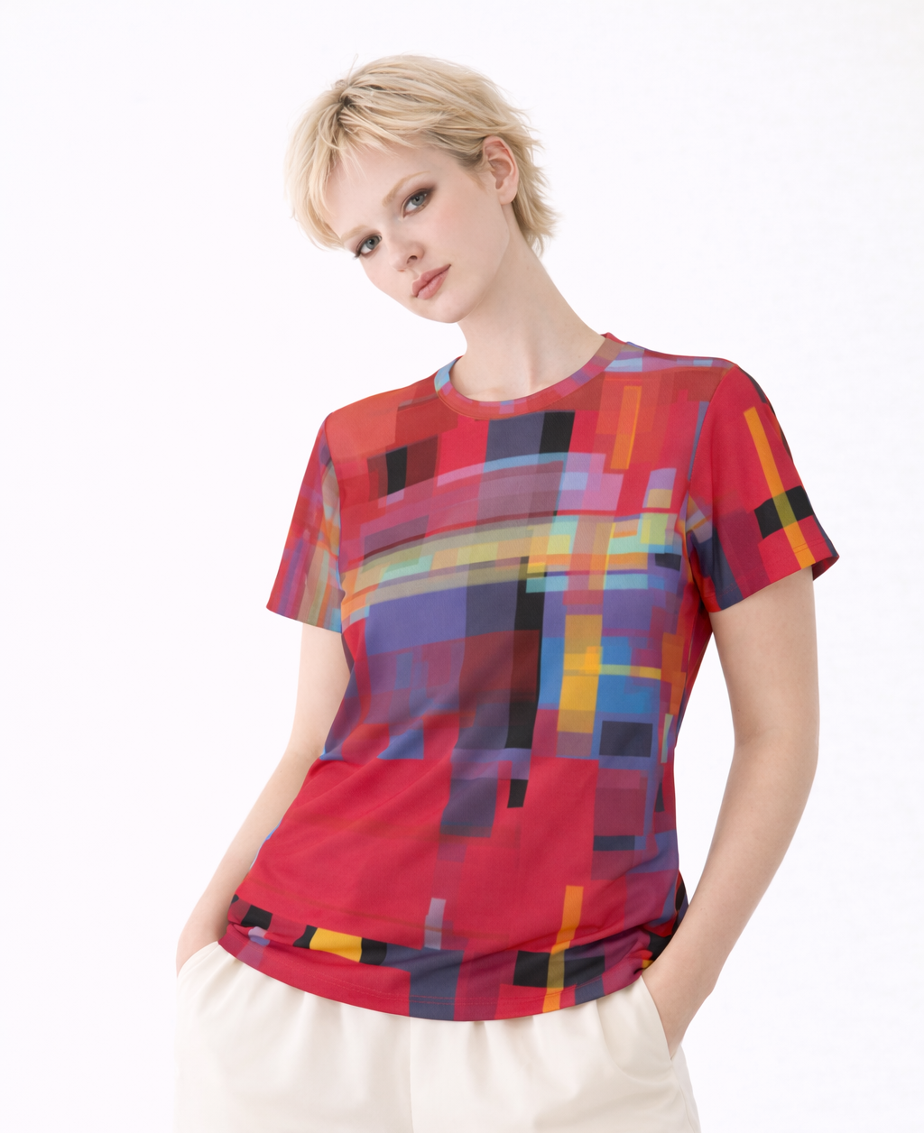 Women's Red Blue Geometric Glitch Print Cotton T-Shirt