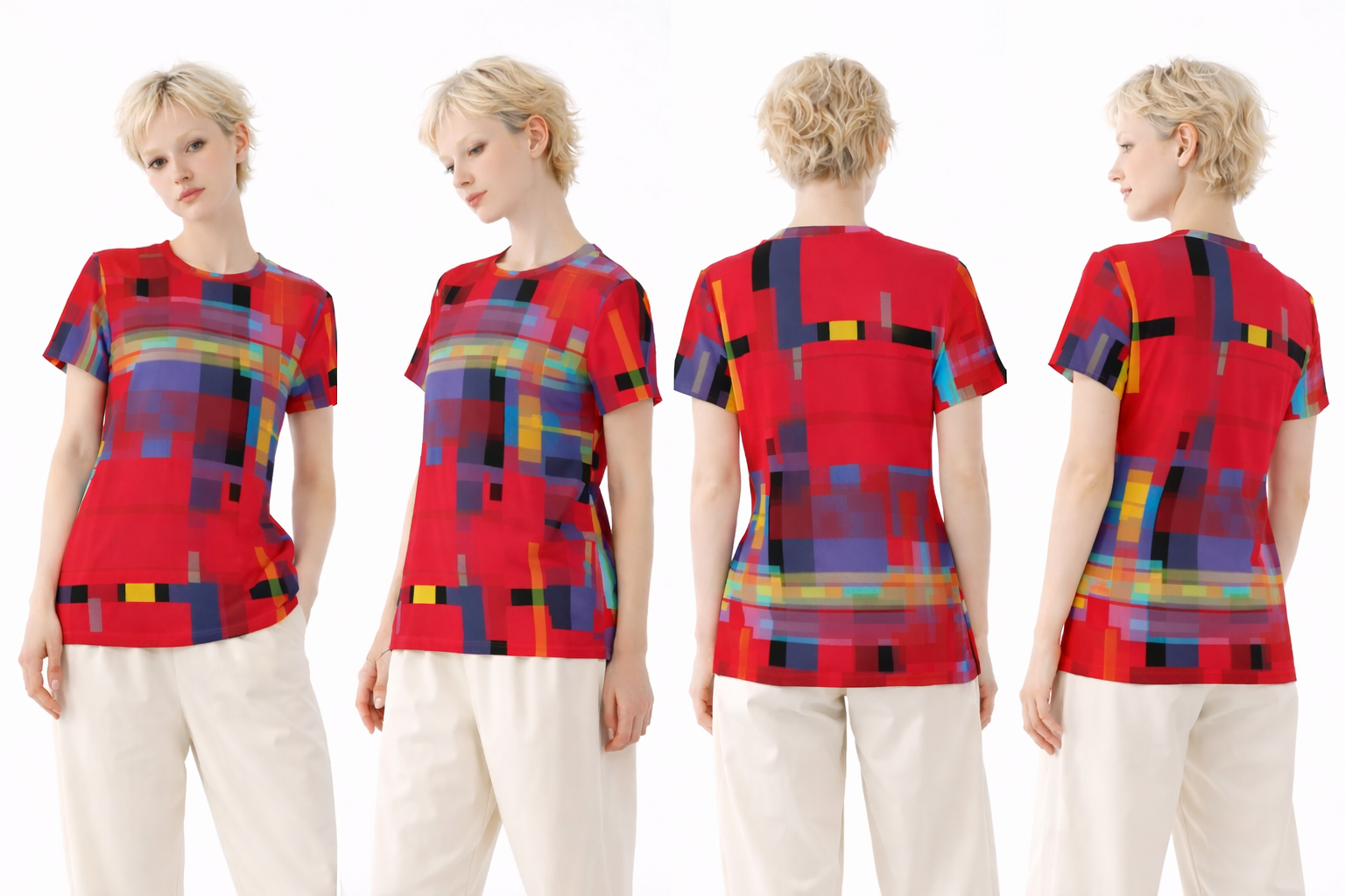Women's Red Blue Geometric Glitch Print Cotton T-Shirt