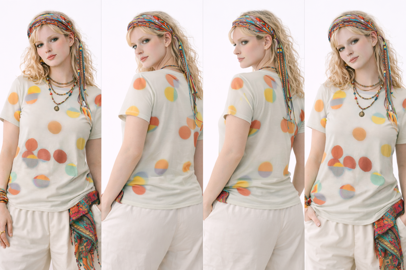 Women's Cream Orange Polka Dot Print Cotton T-Shirt