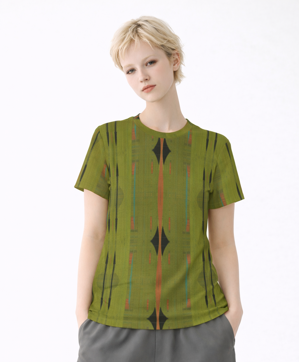 Women's Olive Green Geometric Cotton T-Shirt