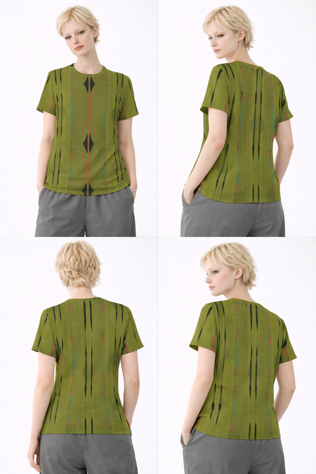 Women's Olive Green Geometric Cotton T-Shirt
