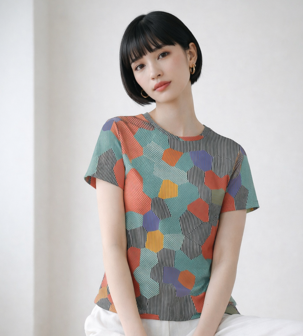 Women's Orange Teal Geometric Striped Pattern Cotton T-Shirt