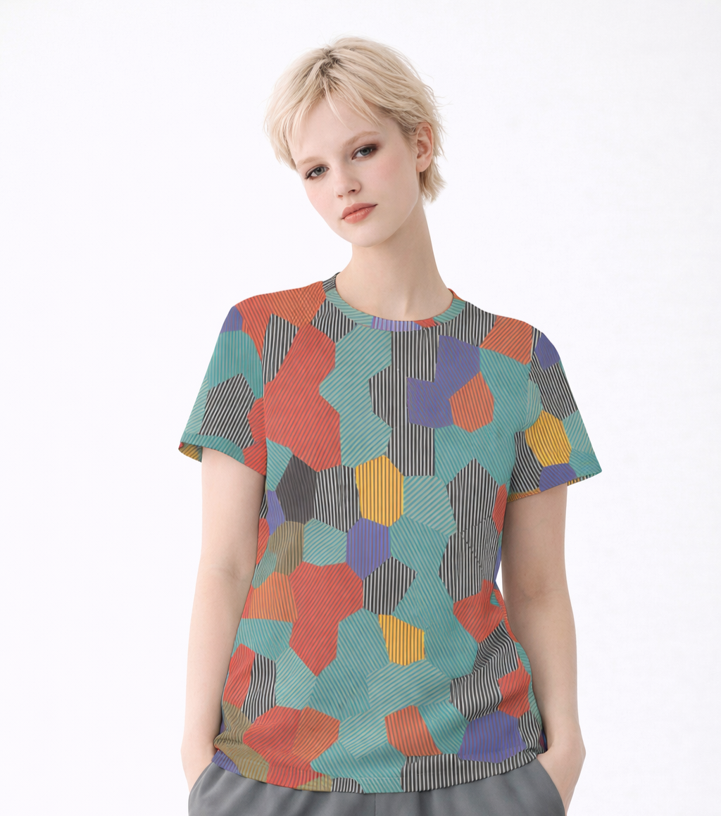 Women's Orange Teal Geometric Striped Pattern Cotton T-Shirt