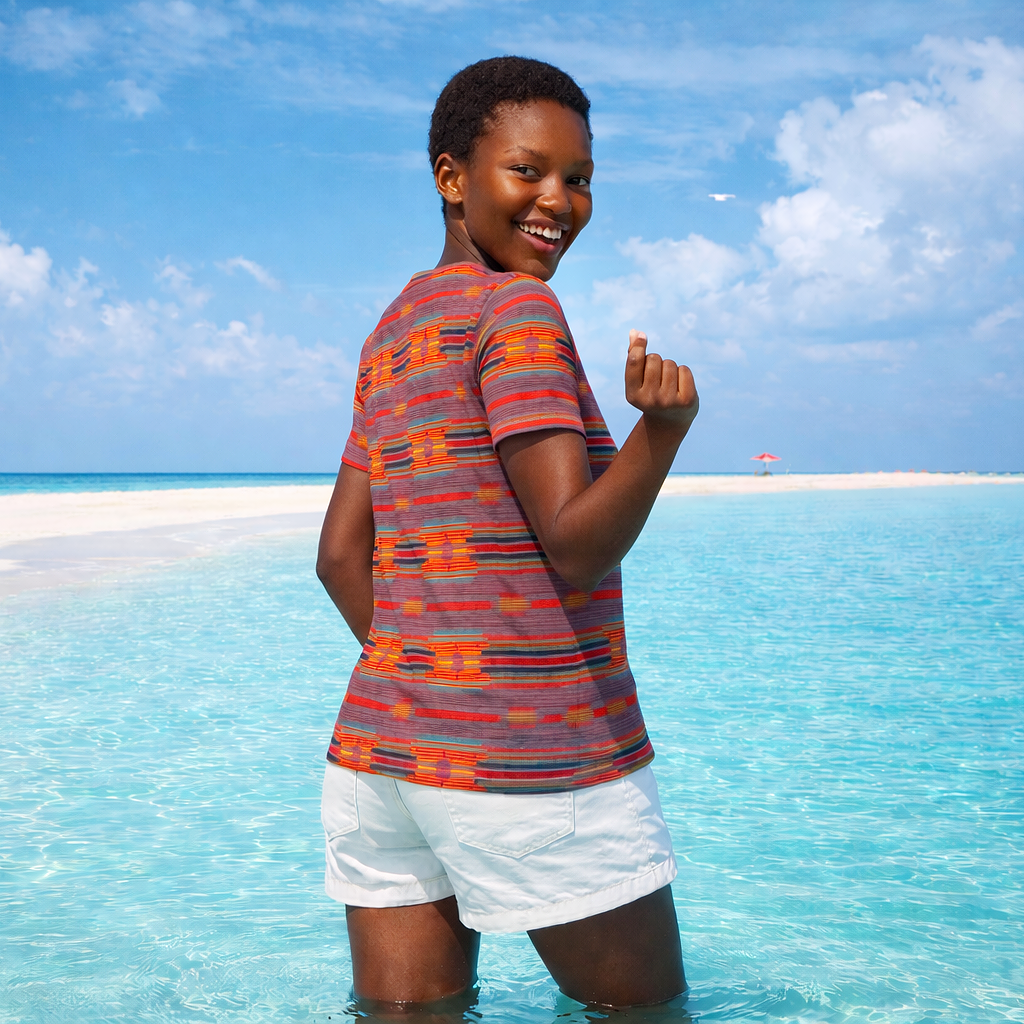 Women's Maroon and Orange Geometric Serape Cotton T-Shirt