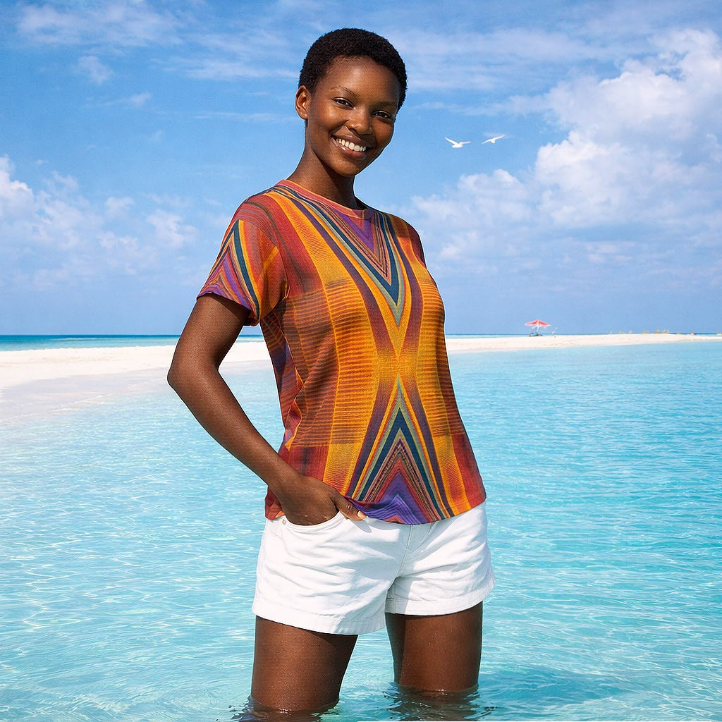 Women's Orange Purple Geometric Chevron Cotton T-Shirt