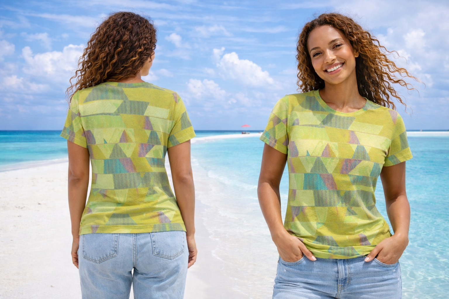 Women's Olive Green Chartreuse Geometric Triangle Glitch Texture Cotton T-Shirt