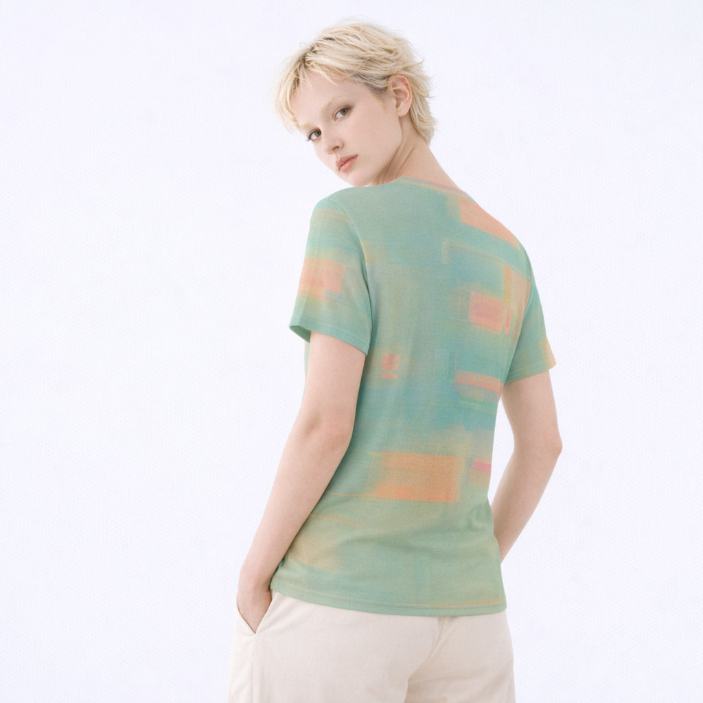 Women's Teal and Apricot Abstract Glitch Cotton T-Shirt