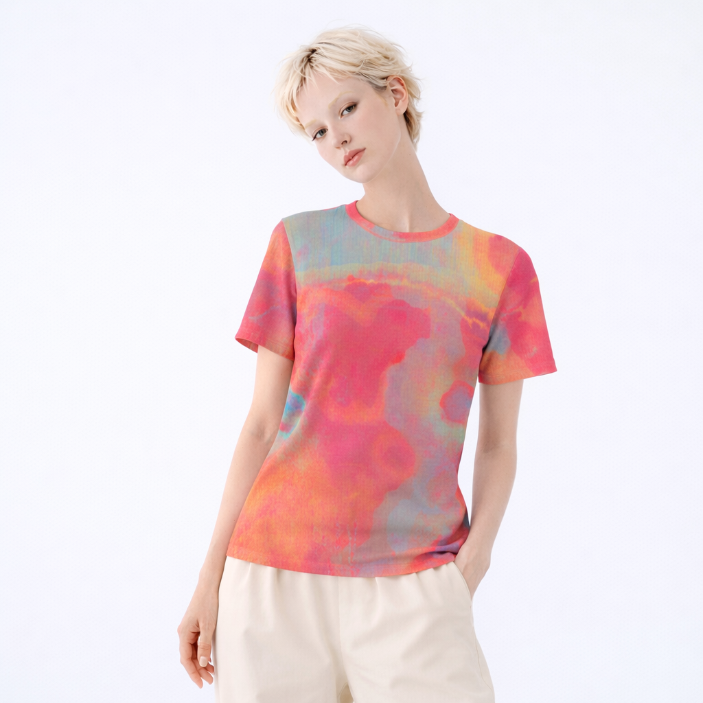 Women's Pink Orange Abstract Oil Paint Texture Cotton T-Shirt