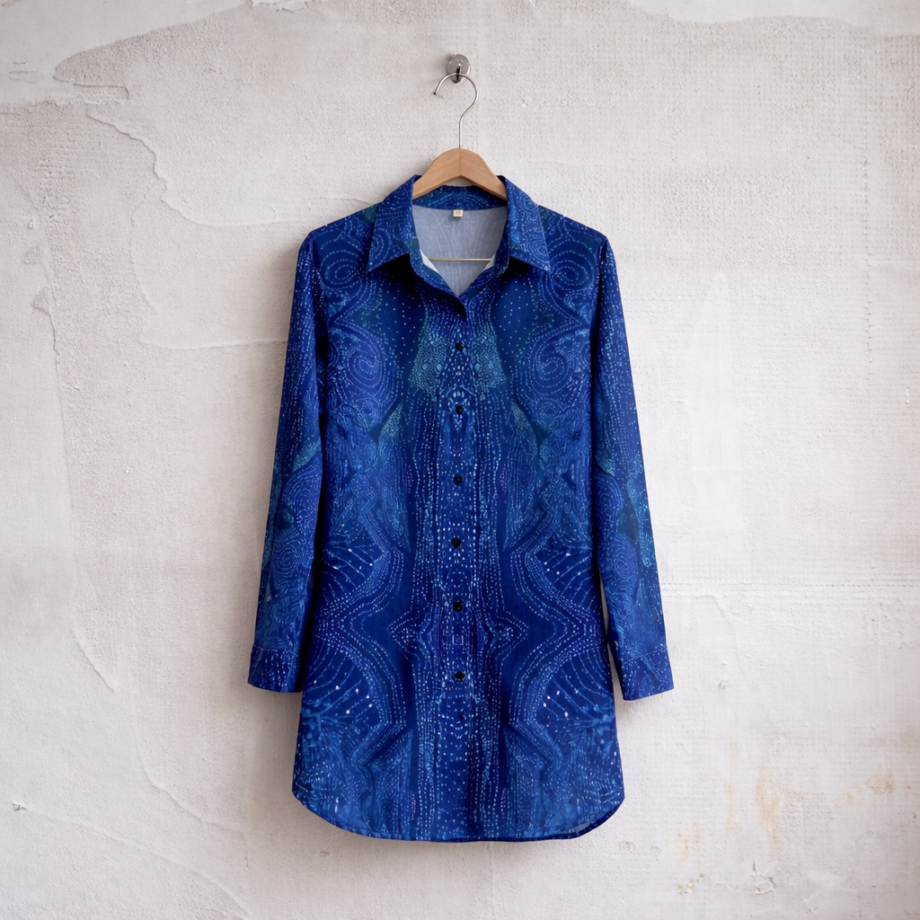 Women's Blue Abstract Pattern Lapel Shirt Dress
