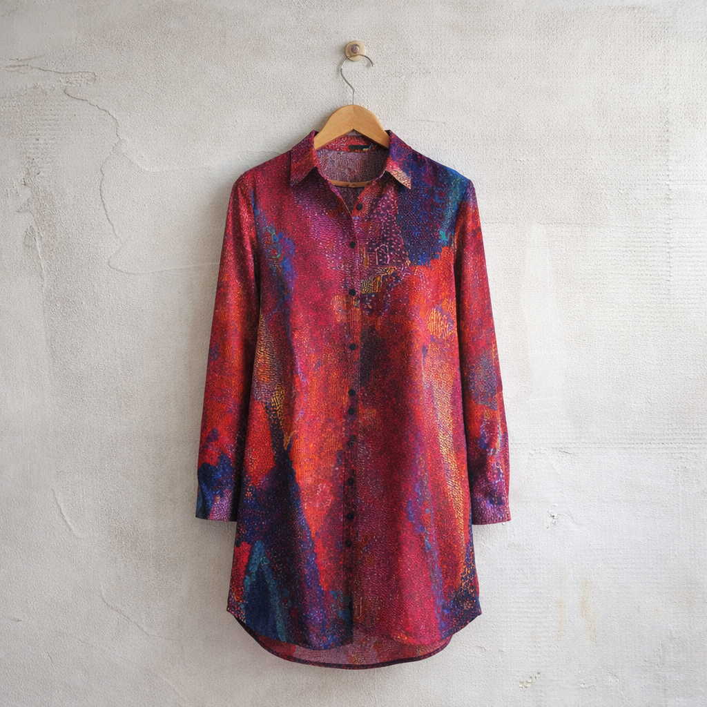 Women’s Crimson Shirt Dress – Custom-Designed Art Print Fashion