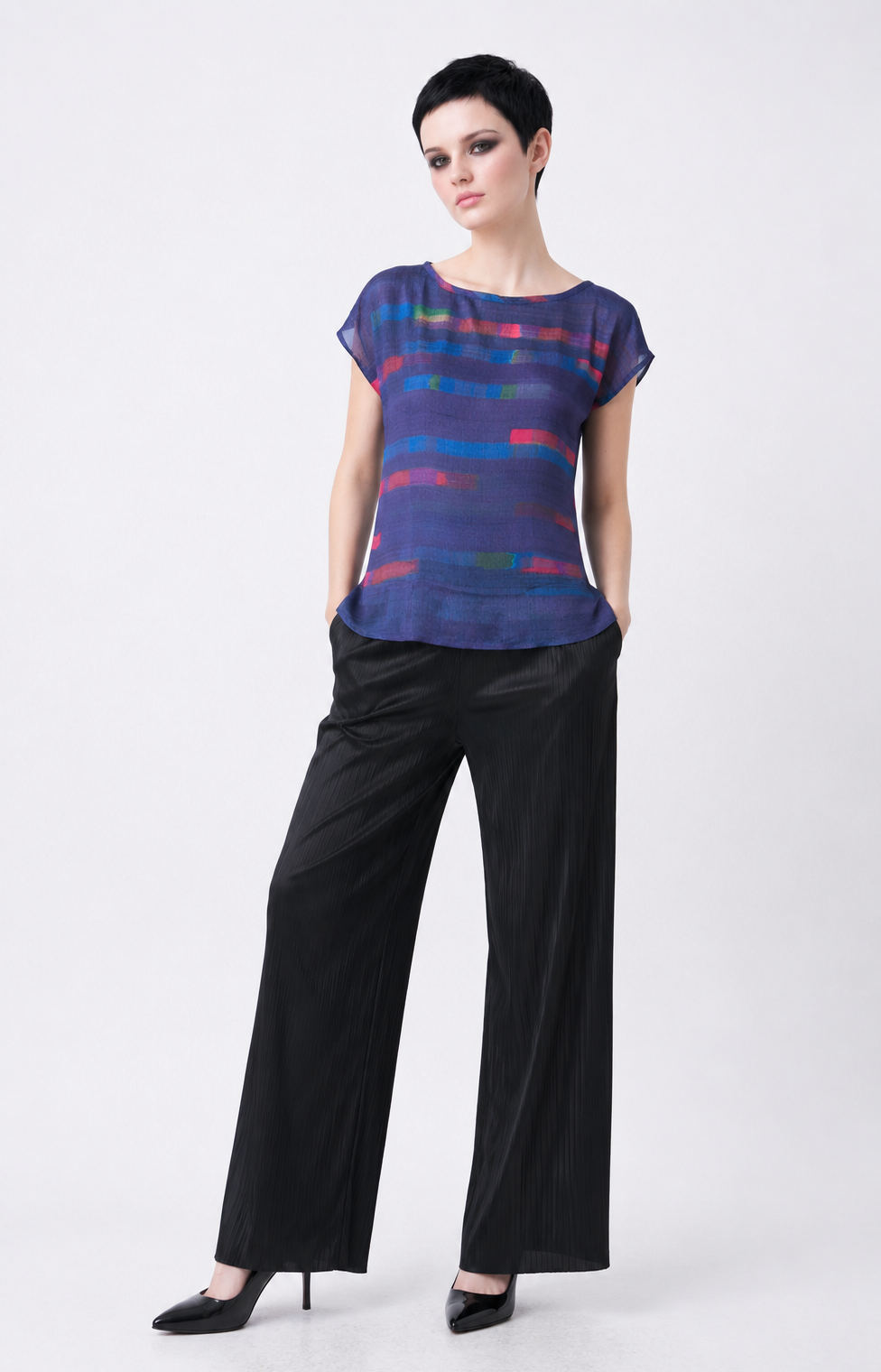 Women's Blue Abstract Print Viscose Chiffon Top – Lightweight Artistic Cap Sleeve Blouse