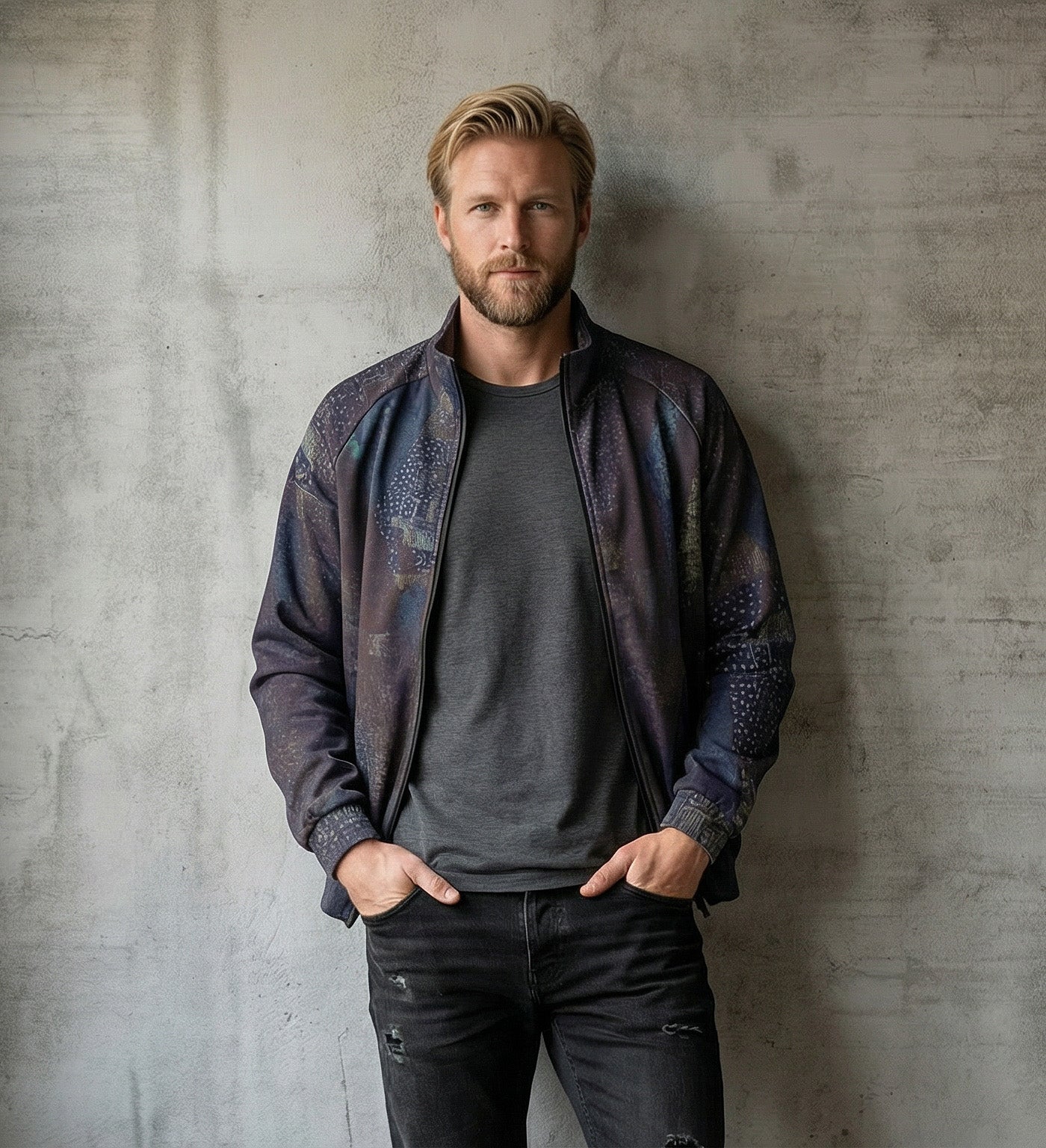 Men's Purple Abstract Patchwork Stand Collar Jacket