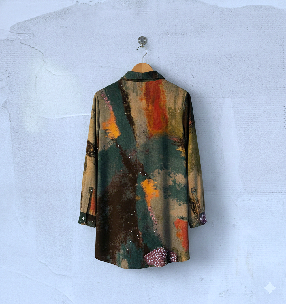 Women’s Abstract Art Shirt Dress – Painterly Button-Down Dress, Long Sleeve Contemporary Fashion