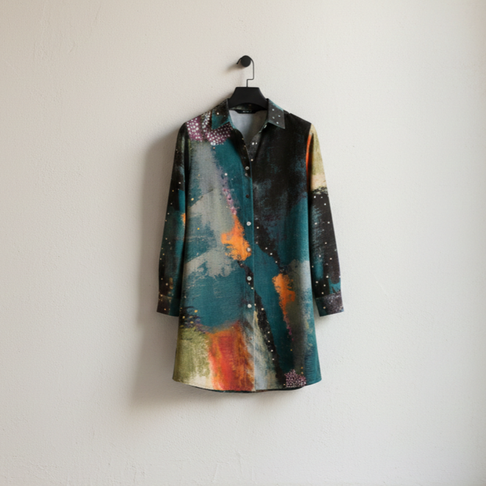 Women’s Abstract Art Shirt Dress – Painterly Button-Down Dress, Long Sleeve Contemporary Fashion