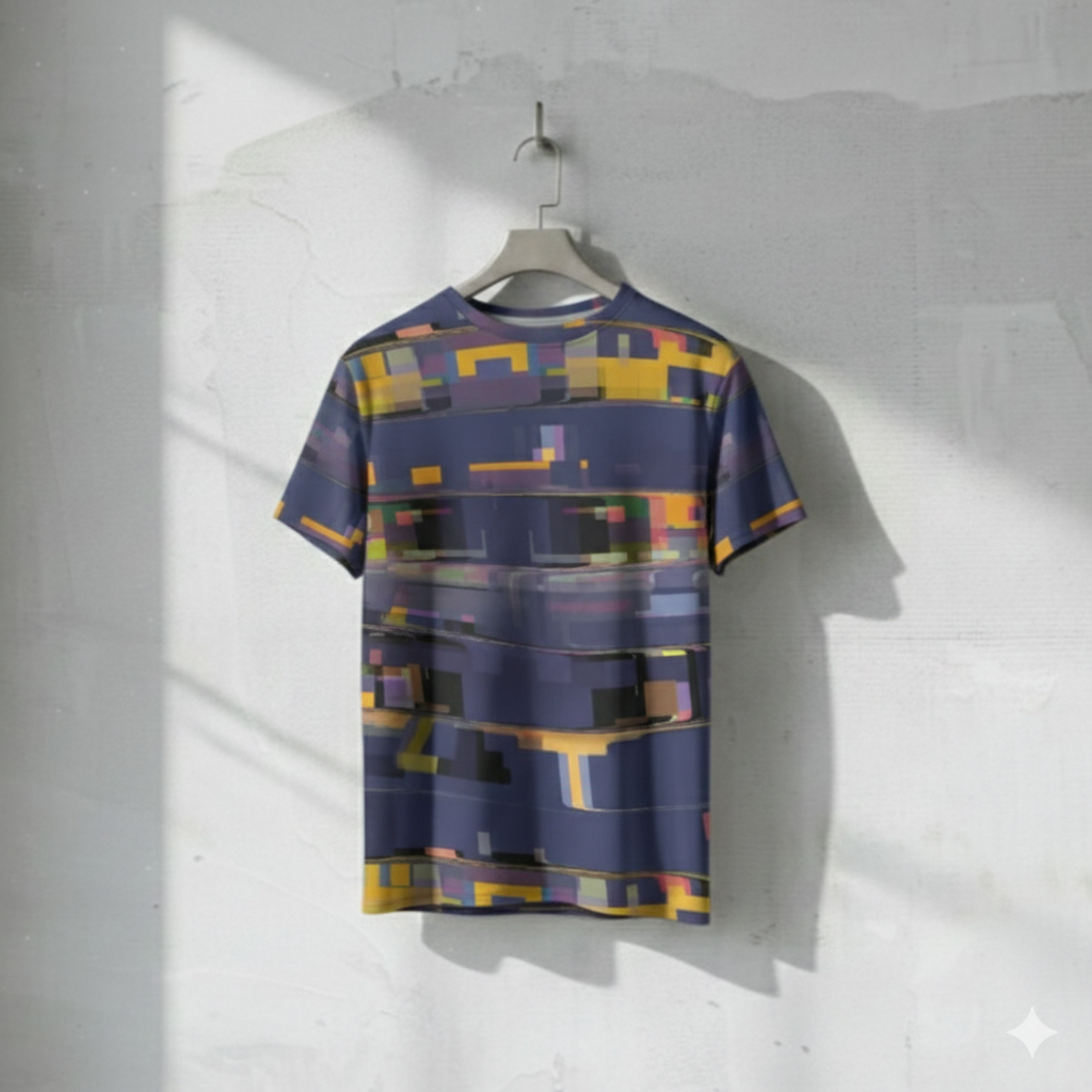 Men's Navy Blue Gold Pixelated Stripe O-Neck T shirt